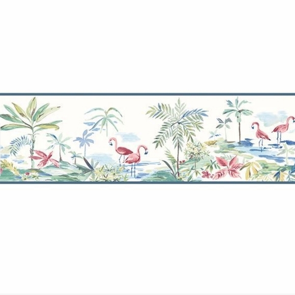 Wallpaper Border Flamingo Lagoon Teal Watercolor - Picture 2 of 7